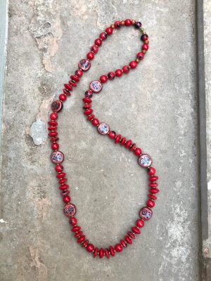 Khmer Face Bead Ceramic Necklace in Ablaze Red