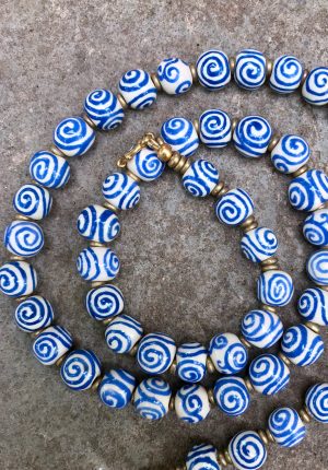 Spiral Handmade Ceramic Bead Necklace – Blue & White
