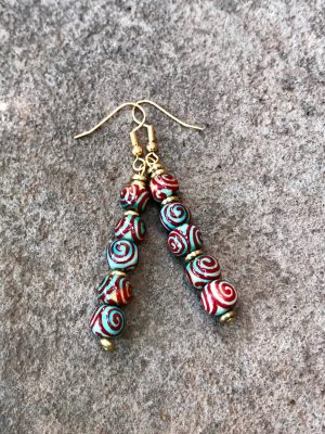Spiral Handmade Ceramic Bead Earrings in Red & Blue