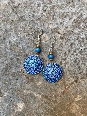 Flora Handmade Ceramic Bead Earrings in Two Shades of Blue