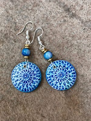 Sunburst Handmade Ceramic Bead Earrings in Blues