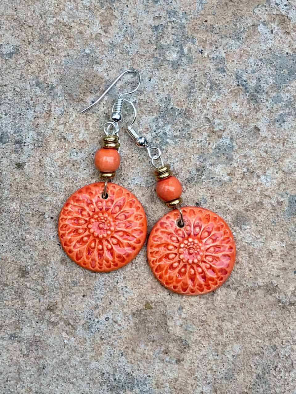 Sunburst Handmade Ceramic Bead Earrings in Mandarin