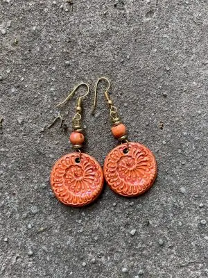 Handmade Ceramic Bead Earrings – Sea Spiral – in Mandarin