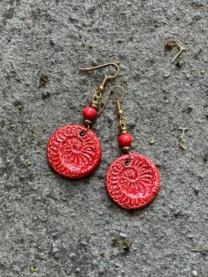 Handmade Ceramic Earrings – Sea Spiral in a Vivid Watermelon Glaze
