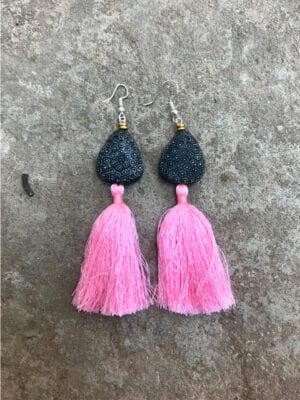 P’Kgar Handmade Tassel Earrings Matt Black & Pink