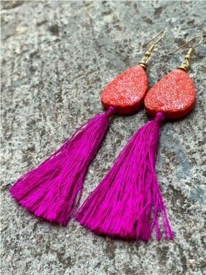 P’Kgar Tassel Handmade Ceramic Earrings in Watermelon Red & Fuchsia
