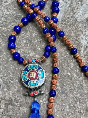 Rani Nepali Pendant & Ceramic Bead Necklace in Deep Federal Blue